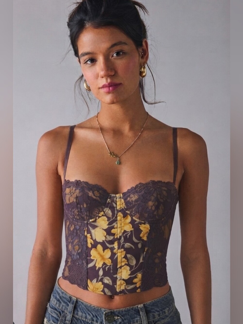 Bailey Rose Floral Lace Corset Top Brown Yellow Medium Y2K Bustier Cami